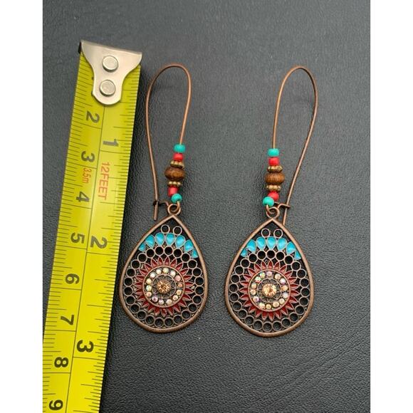 Southwestern Western Boho Style Turquoise Enameled Dangle Drop Beaded Earrings - Picture 3 of 4